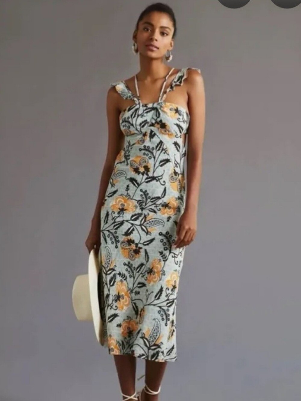 Anthropologie Mint Maxi Dress with Mustard Floral Print. Mid Length Dress.